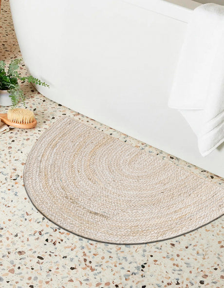 White 2' 2 x 3' 7 Braided Jute Hearth Half-Round Semicircle Area Rug 100% Jute Hand Braided Natural Eco-Friendly Boho Style Carpet for Living Rooms Dining Office Space Dorms for Sale at Rug Engine