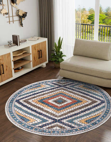 Blue 3' 3 x 3' 3 Aramis Round Area Rug Polypropylene With Cotton Backing Easy Clean Living Room Bedroom Dining Office Carpet for Sale at Rug Engine