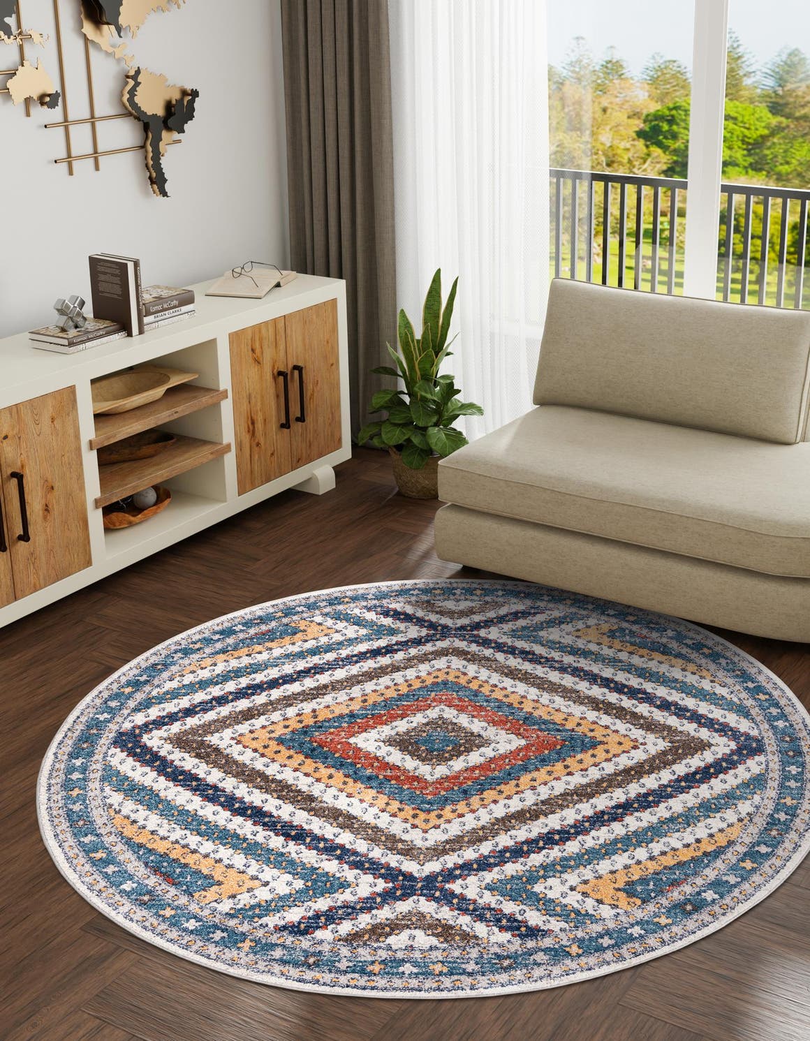 Blue 7' x 7' Aramis Round Area Rug Polypropylene With Cotton Backing Easy Clean Living Room Bedroom Dining Office Carpet for Sale at Rug Engine