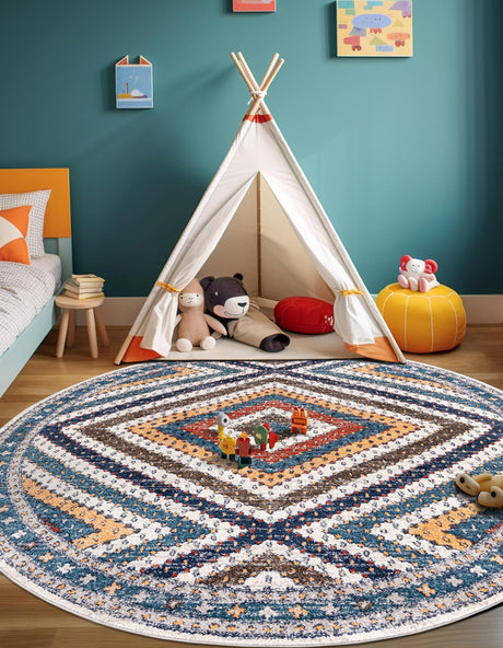 Blue 5' 3 x 5' 3 Aramis Round Area Rug Polypropylene With Cotton Backing Easy Clean Living Room Bedroom Dining Office Carpet for Sale at Rug Engine