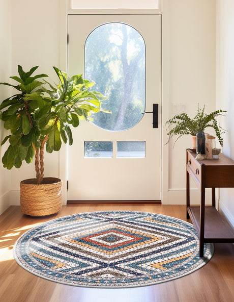 Blue 7' x 7' Aramis Round Area Rug Polypropylene With Cotton Backing Easy Clean Living Room Bedroom Dining Office Carpet for Sale at Rug Engine