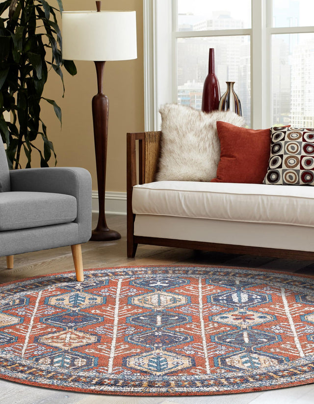 Rust Red 7' x 7' Aramis Round Area Rug Polypropylene With Cotton Backing Easy Clean Living Room Bedroom Dining Office Carpet for Sale at Rug Engine