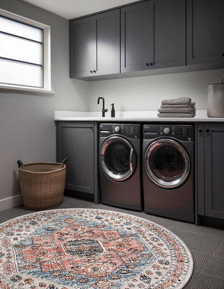 Gray 5' 3 x 5' 3 Aramis Round Area Rug Polypropylene With Cotton Backing Easy Clean Living Room Bedroom Dining Office Carpet for Sale at Rug Engine
