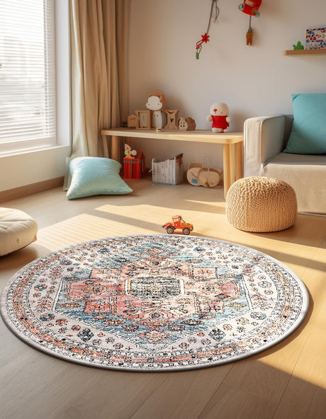 Gray 5' 3 x 5' 3 Aramis Round Area Rug Polypropylene With Cotton Backing Easy Clean Living Room Bedroom Dining Office Carpet for Sale at Rug Engine