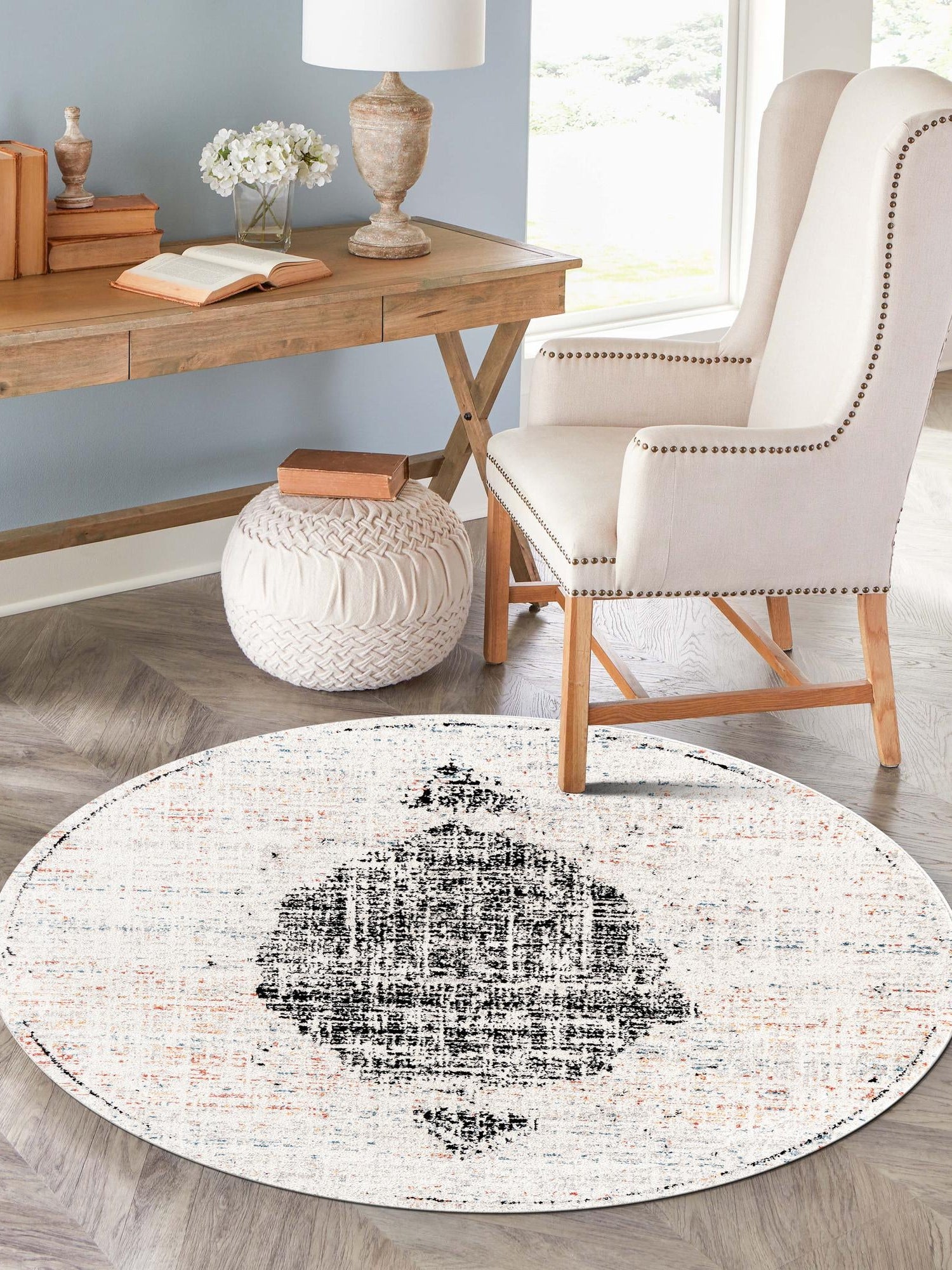 Ivory 5' 3 x 5' 3 Aramis Round Area Rug Polypropylene With Cotton Backing Easy Clean Living Room Bedroom Dining Office Carpet for Sale at Rug Engine