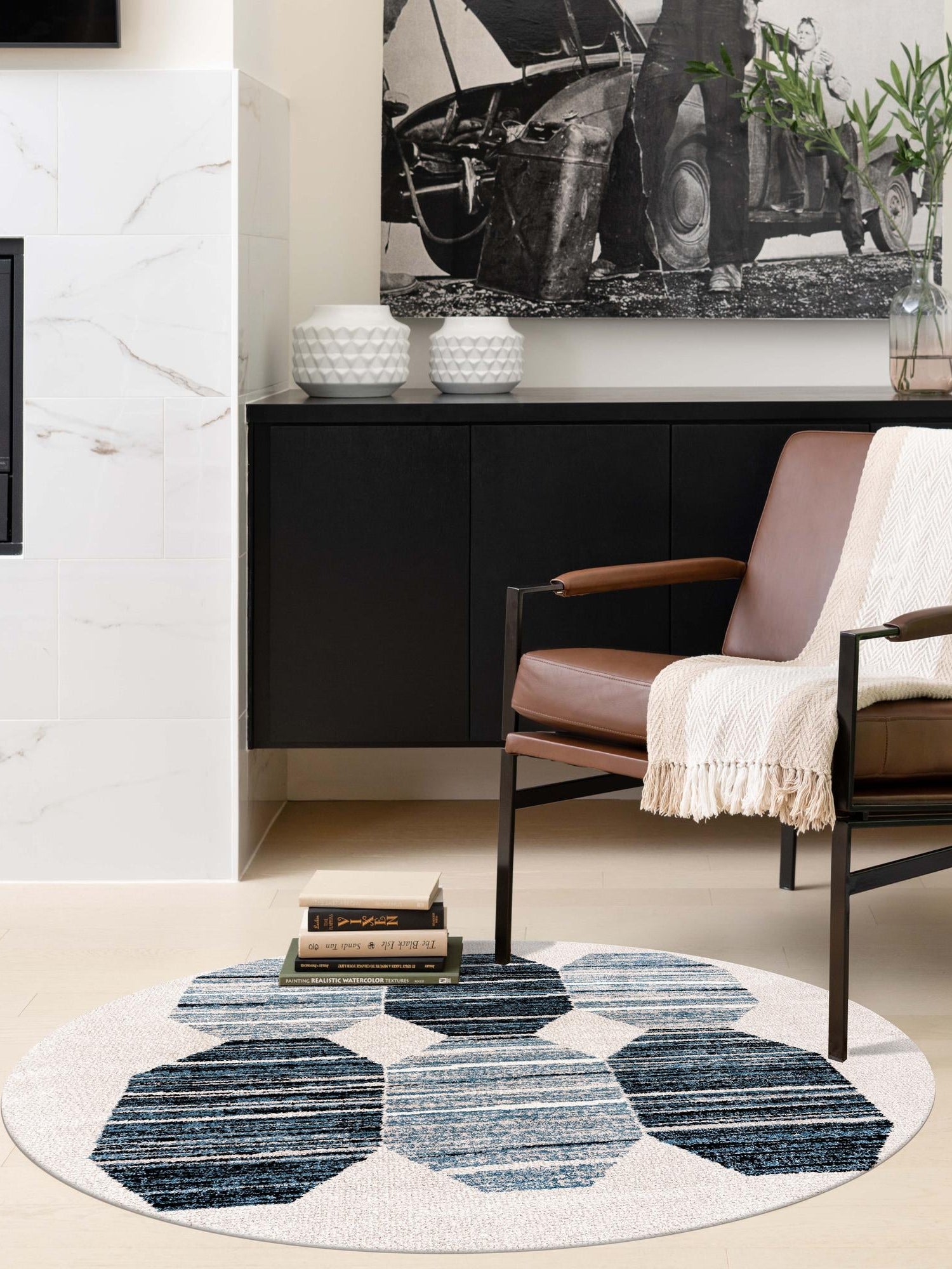 Blue 3' 3 x 3' 3 Aramis Round Area Rug Polypropylene With Cotton Backing Easy Clean Living Room Bedroom Dining Office Carpet for Sale at Rug Engine