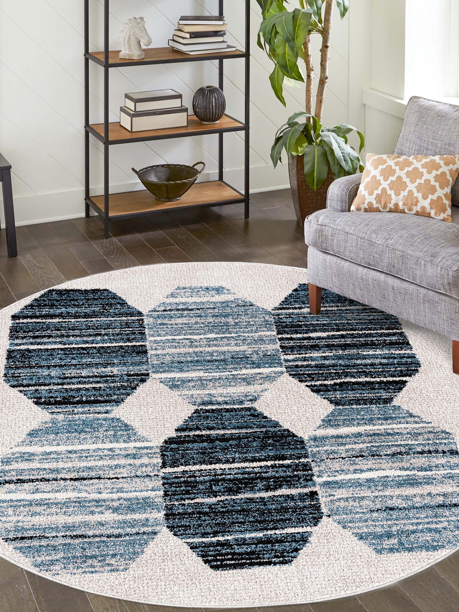 Blue 5' 3 x 5' 3 Aramis Round Area Rug Polypropylene With Cotton Backing Easy Clean Living Room Bedroom Dining Office Carpet for Sale at Rug Engine