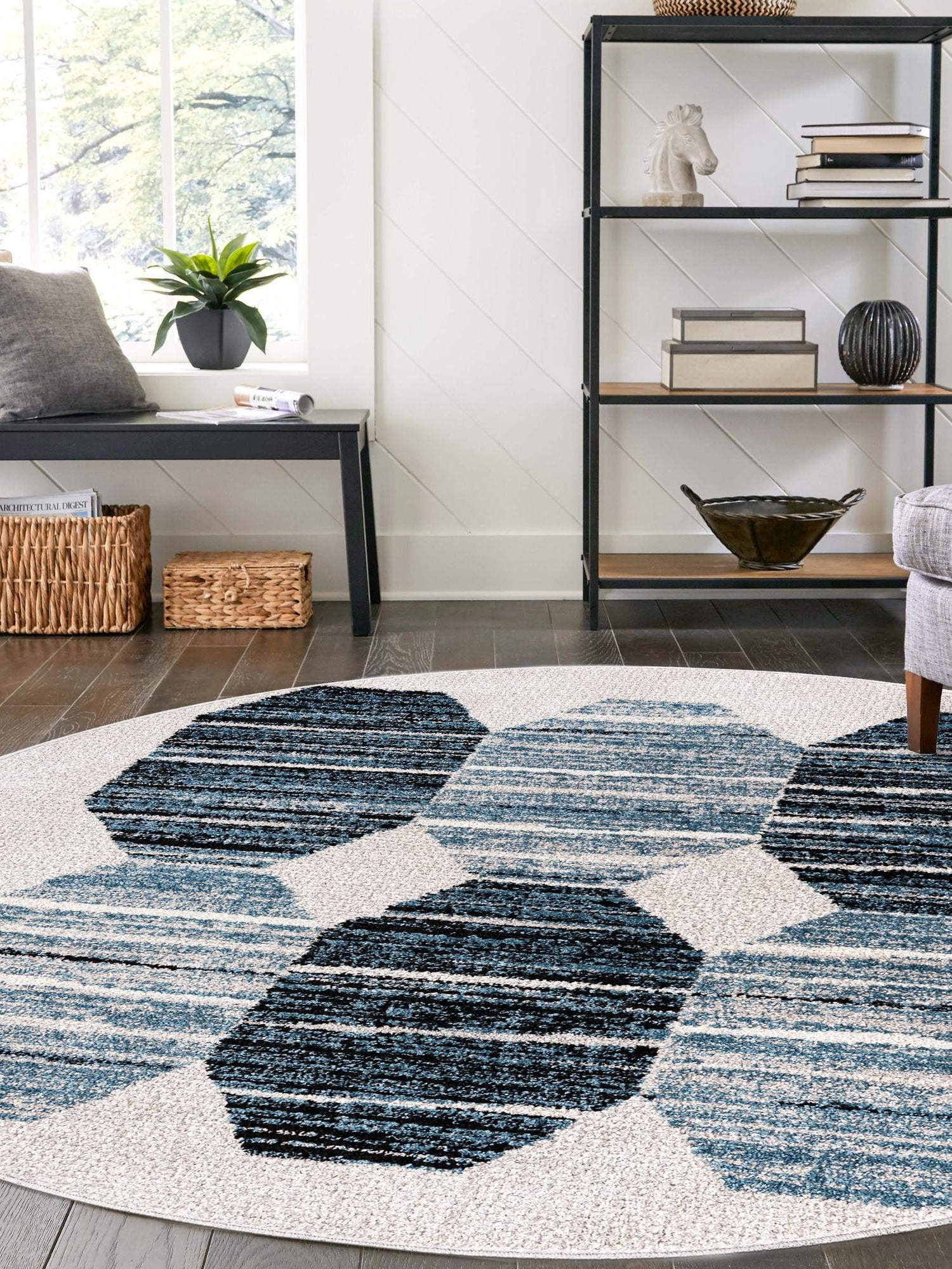 Blue 5' 3 x 5' 3 Aramis Round Area Rug Polypropylene With Cotton Backing Easy Clean Living Room Bedroom Dining Office Carpet for Sale at Rug Engine