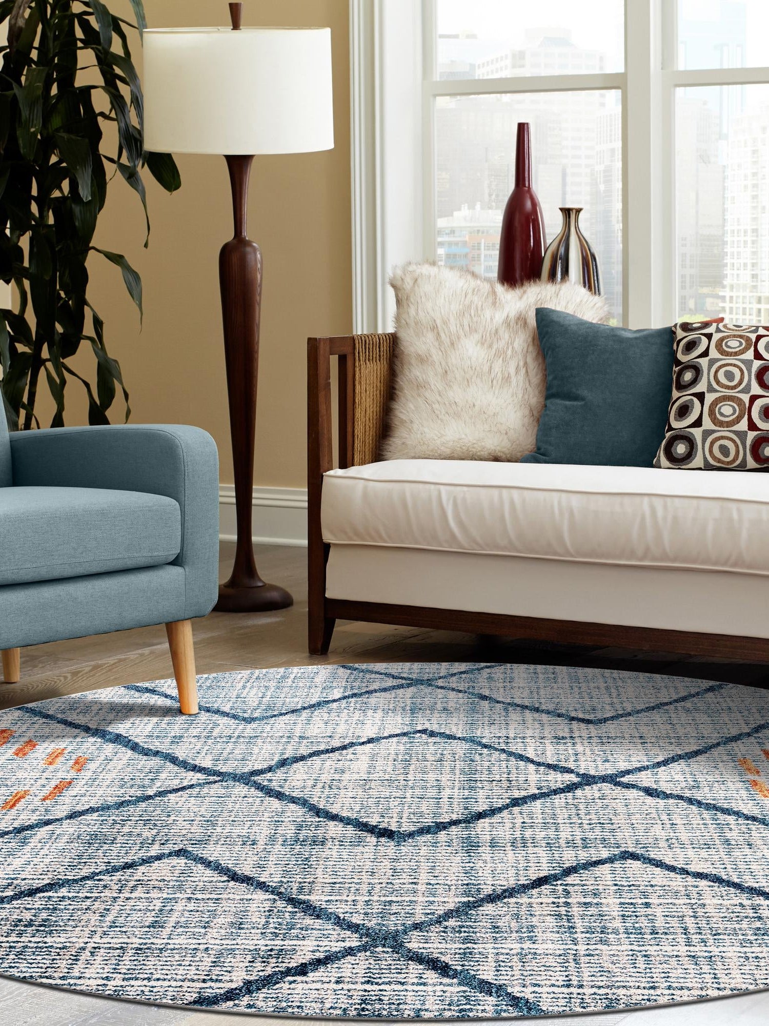 Blue 5' 3 x 5' 3 Aramis Round Area Rug Polypropylene With Cotton Backing Easy Clean Living Room Bedroom Dining Office Carpet for Sale at Rug Engine