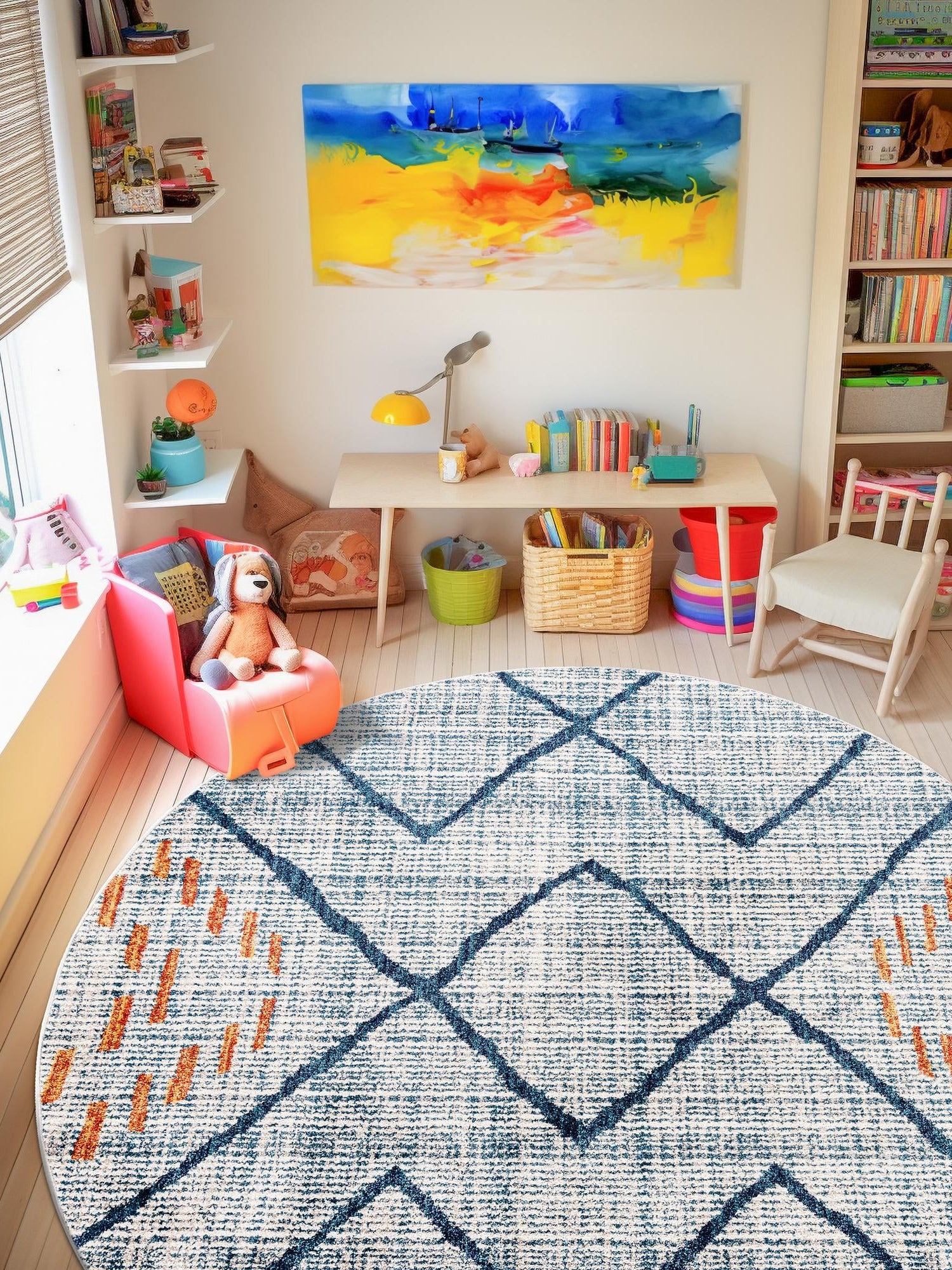 Blue 3' 3 x 3' 3 Aramis Round Area Rug Polypropylene With Cotton Backing Easy Clean Living Room Bedroom Dining Office Carpet for Sale at Rug Engine