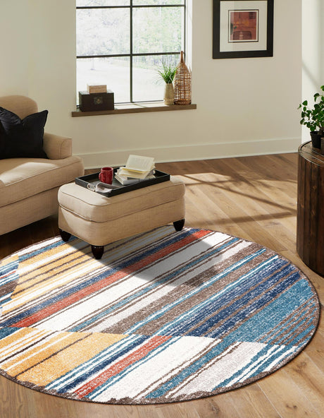 Multicolor 7' x 7' Aramis Round Area Rug Polypropylene With Cotton Backing Easy Clean Living Room Bedroom Dining Office Carpet for Sale at Rug Engine