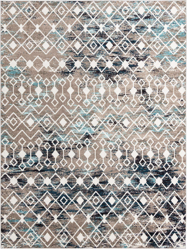 Multicolor Gray Blue 10' 8 x 14' Tribal Trellis Rectangle Area Rug Geometric Southwestern Inspired Durable Carpet for Home Interior Design for Sale at Rug Engine
