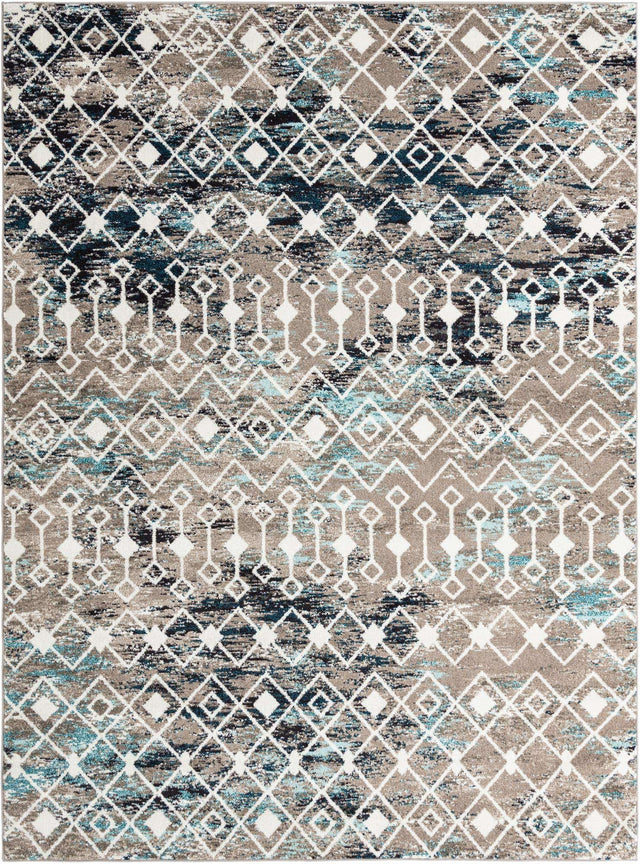 Multicolor Gray Blue 9' x 12' Tribal Trellis Rectangle Area Rug Geometric Southwestern Inspired Durable Carpet for Home Interior Design for Sale at Rug Engine