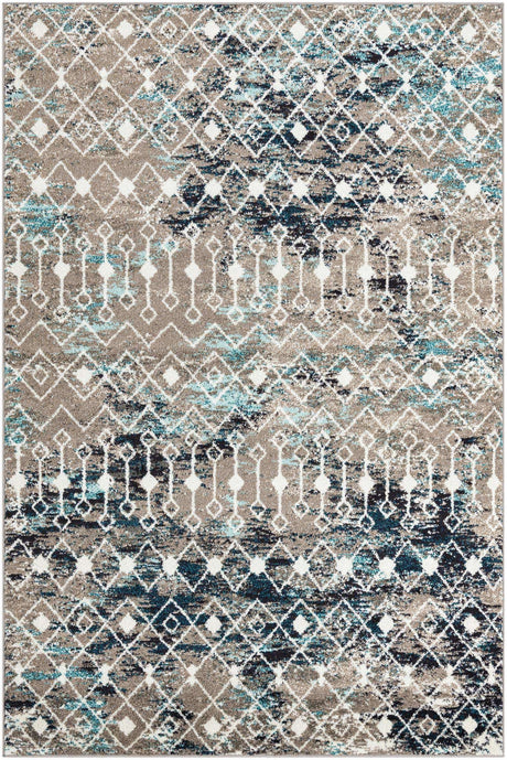 Multicolor Gray Blue 6' 1 x 9' Tribal Trellis Rectangle Area Rug Geometric Southwestern Inspired Durable Carpet for Home Interior Design for Sale at Rug Engine