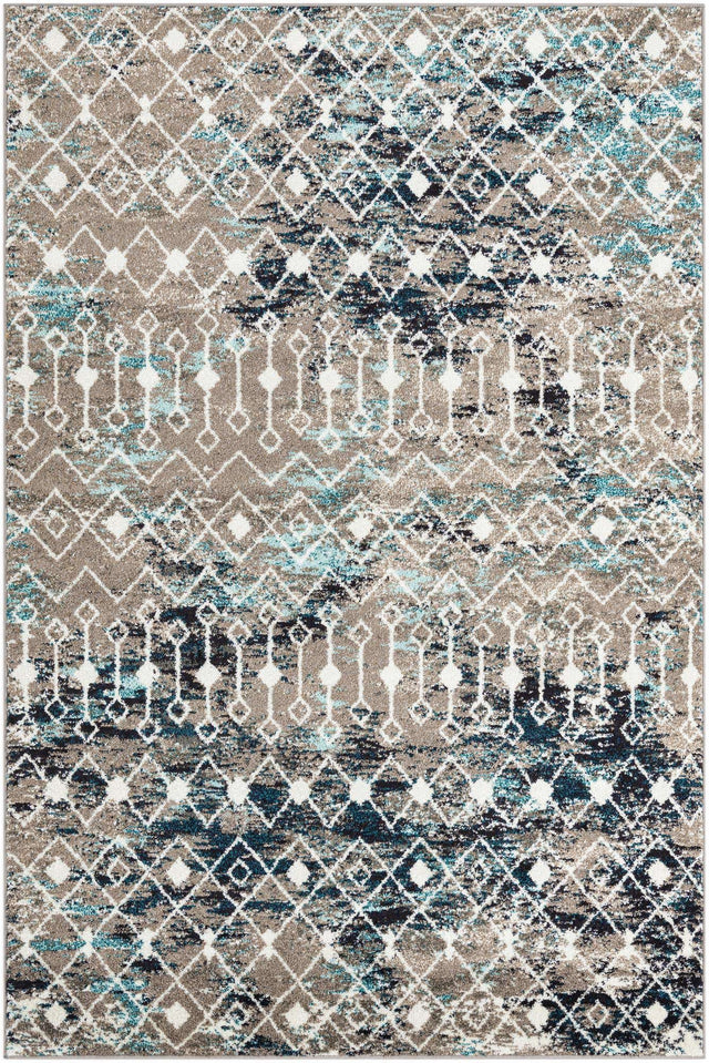 Multicolor Gray Blue 6' 1 x 9' Tribal Trellis Rectangle Area Rug Geometric Southwestern Inspired Durable Carpet for Home Interior Design for Sale at Rug Engine
