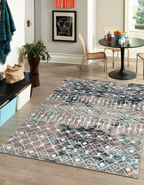 Multicolor Gray Blue 6' 1 x 9' Tribal Trellis Rectangle Area Rug Geometric Southwestern Inspired Durable Carpet for Home Interior Design for Sale at Rug Engine