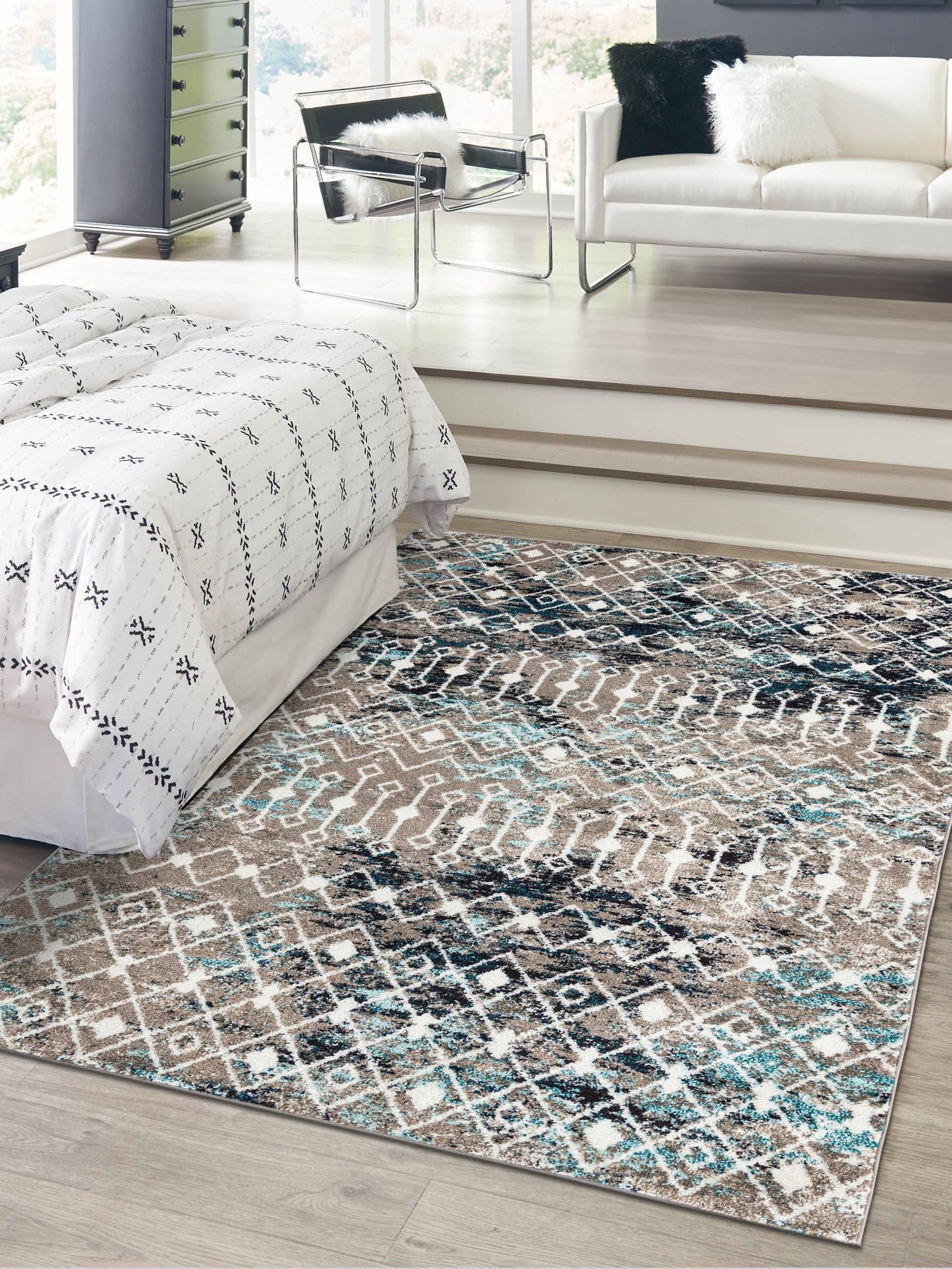 Multicolor Gray Blue 6' 1 x 9' Tribal Trellis Rectangle Area Rug Geometric Southwestern Inspired Durable Carpet for Home Interior Design for Sale at Rug Engine
