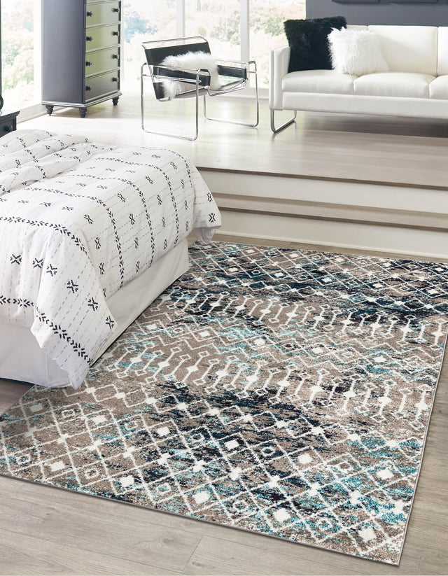 Multicolor Gray Blue 6' 1 x 9' Tribal Trellis Rectangle Area Rug Geometric Southwestern Inspired Durable Carpet for Home Interior Design for Sale at Rug Engine