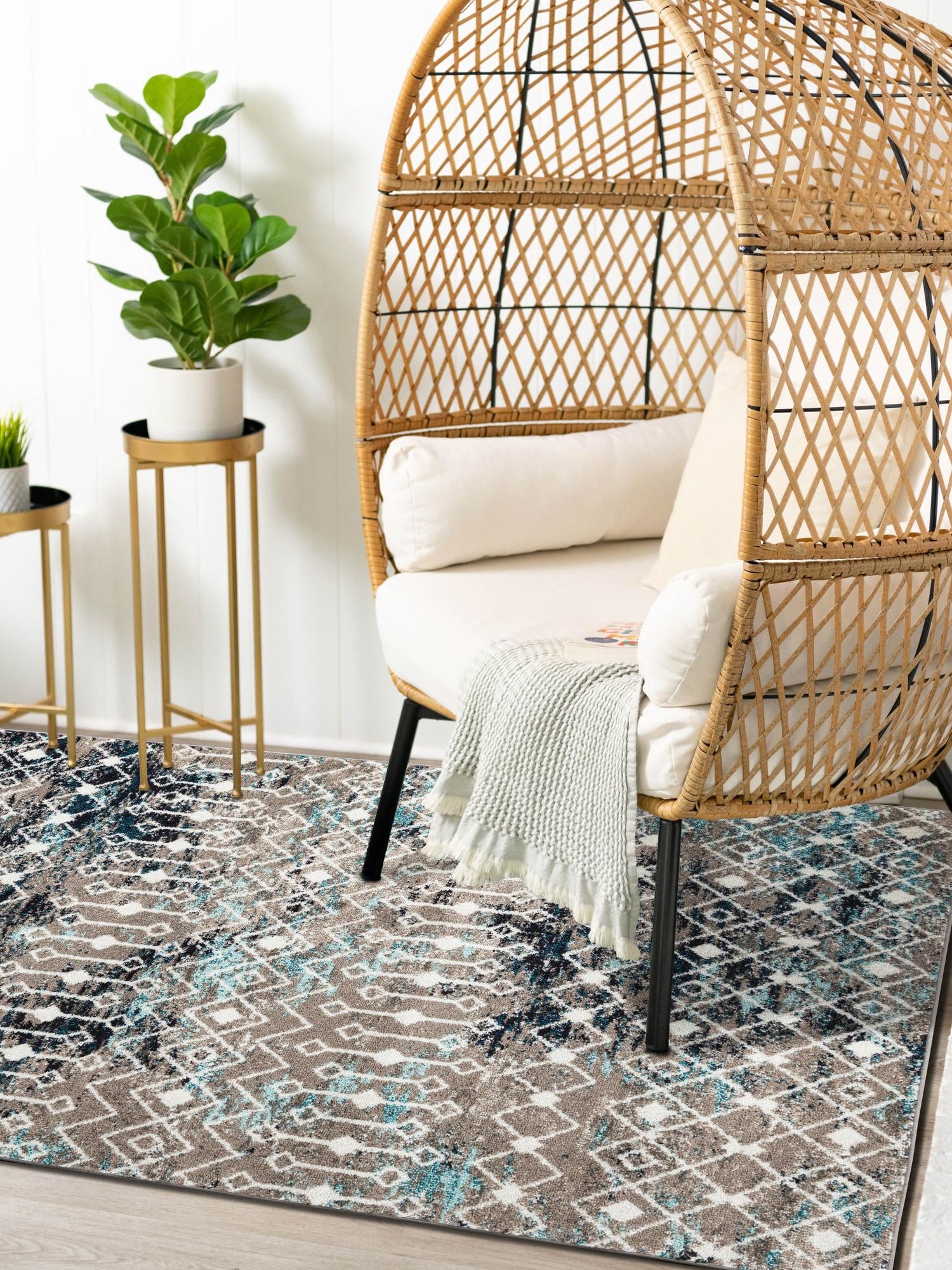 Multicolor Gray Blue 6' 1 x 9' Tribal Trellis Rectangle Area Rug Geometric Southwestern Inspired Durable Carpet for Home Interior Design for Sale at Rug Engine