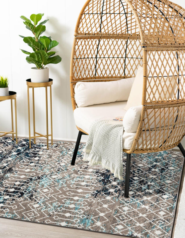 Multicolor Gray Blue 6' 1 x 9' Tribal Trellis Rectangle Area Rug Geometric Southwestern Inspired Durable Carpet for Home Interior Design for Sale at Rug Engine