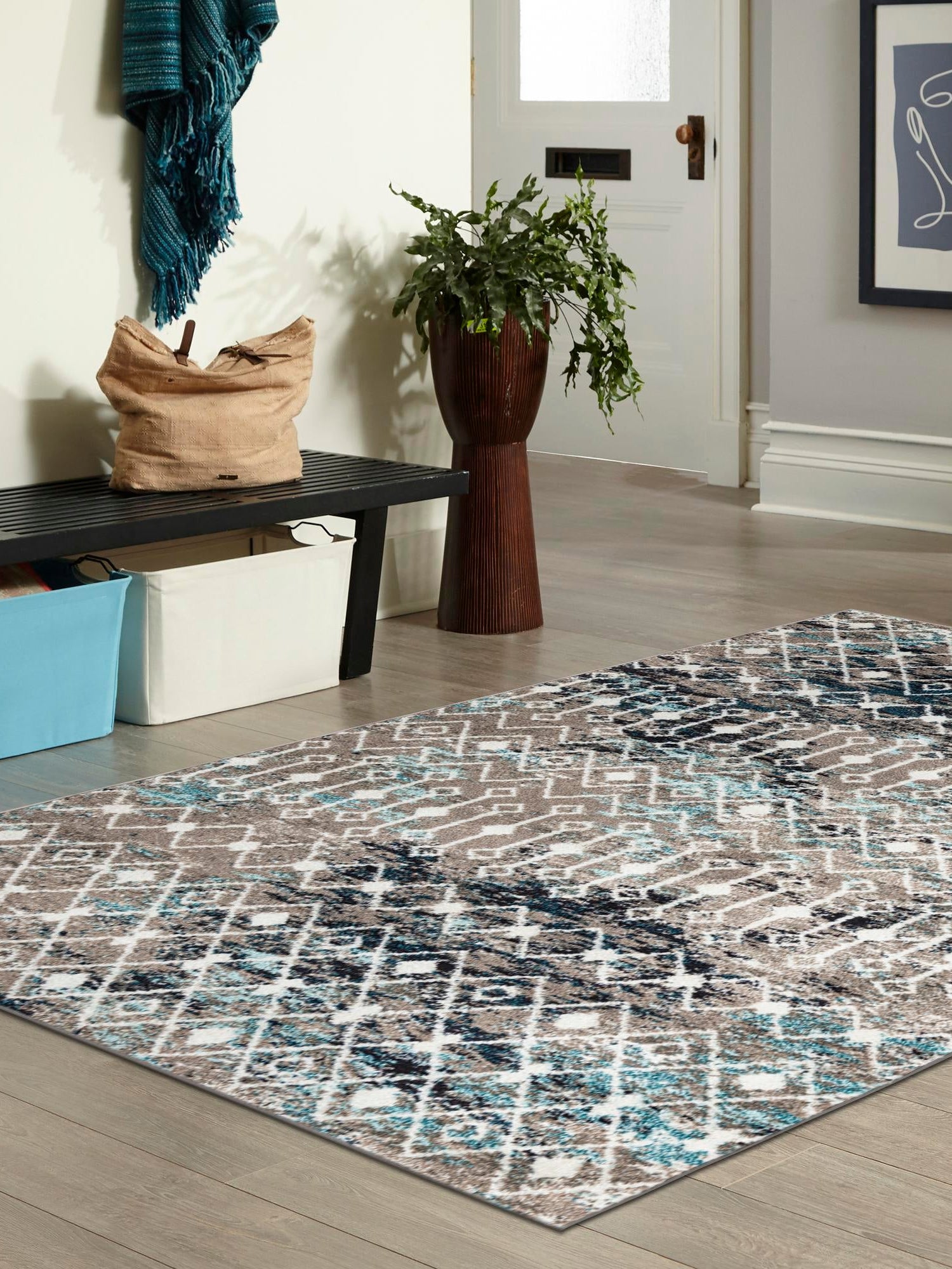 Multicolor Gray Blue 6' 1 x 9' Tribal Trellis Rectangle Area Rug Geometric Southwestern Inspired Durable Carpet for Home Interior Design for Sale at Rug Engine
