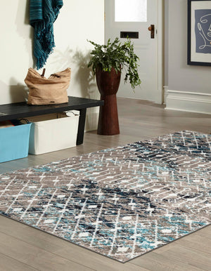 Multicolor Gray Blue 6' 1 x 9' Tribal Trellis Rectangle Area Rug Geometric Southwestern Inspired Durable Carpet for Home Interior Design for Sale at Rug Engine