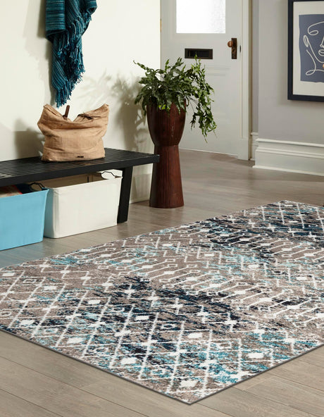 Multicolor Gray Blue 6' 1 x 9' Tribal Trellis Rectangle Area Rug Geometric Southwestern Inspired Durable Carpet for Home Interior Design for Sale at Rug Engine