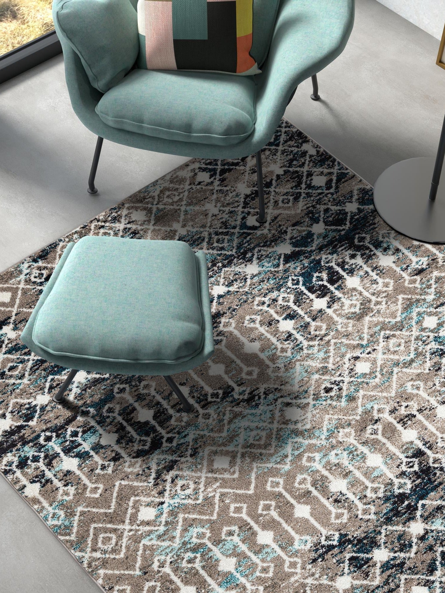 Multicolor Gray Blue 2' x 3' 1 Tribal Trellis Rectangle Area Rug Geometric Southwestern Inspired Durable Carpet for Home Interior Design for Sale at Rug Engine