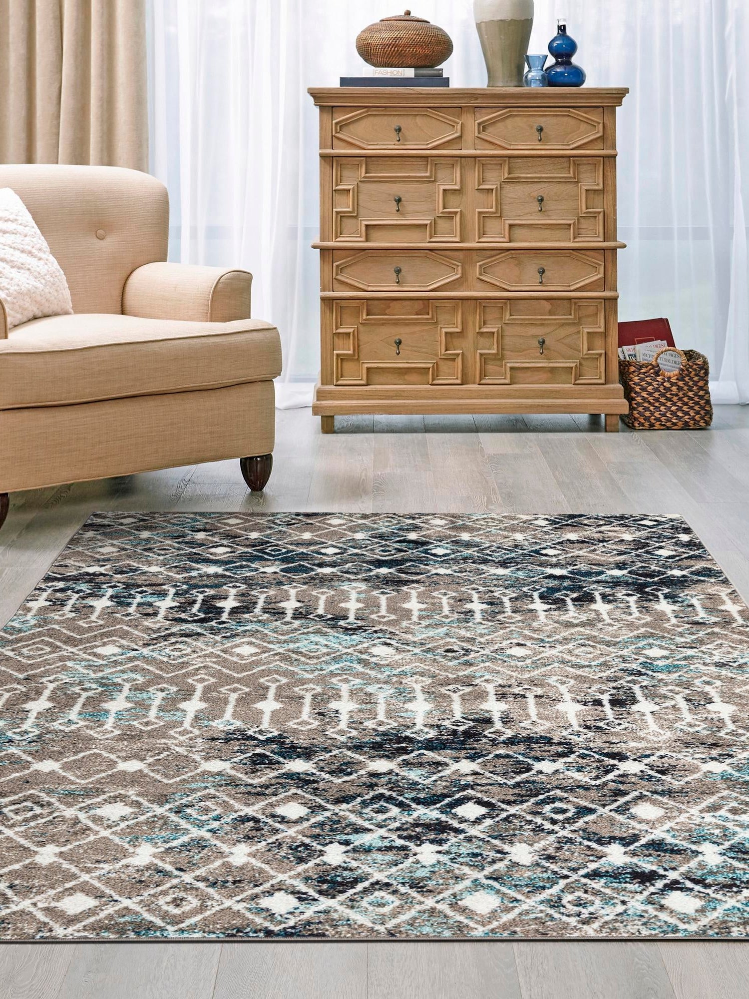 Multicolor Gray Blue 6' 1 x 9' Tribal Trellis Rectangle Area Rug Geometric Southwestern Inspired Durable Carpet for Home Interior Design for Sale at Rug Engine