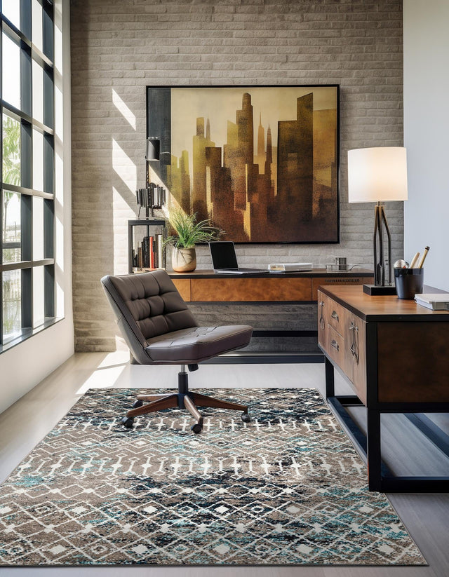 Multicolor Gray Blue 6' 1 x 9' Tribal Trellis Rectangle Area Rug Geometric Southwestern Inspired Durable Carpet for Home Interior Design for Sale at Rug Engine