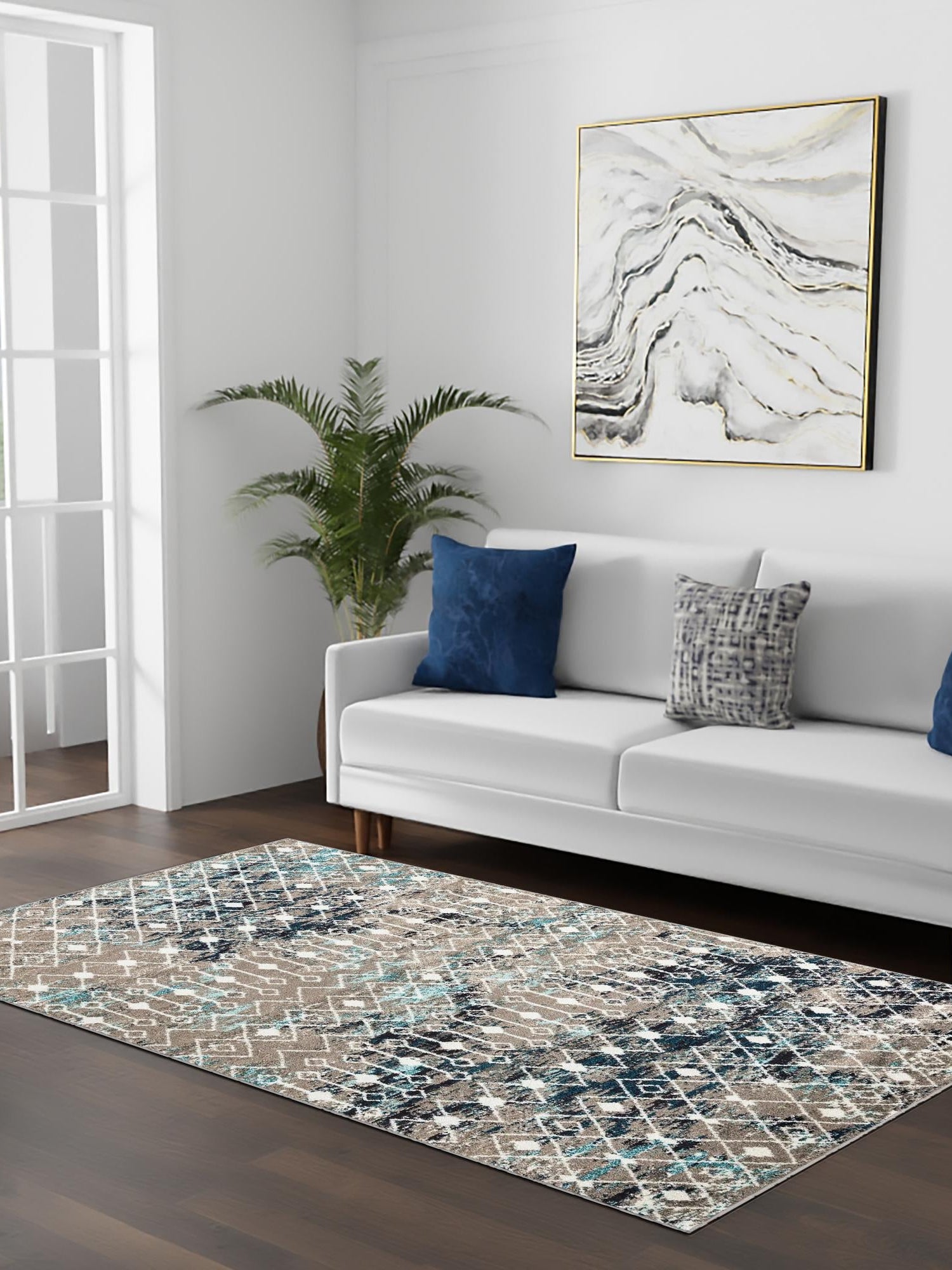 Multicolor Gray Blue 6' 1 x 9' Tribal Trellis Rectangle Area Rug Geometric Southwestern Inspired Durable Carpet for Home Interior Design for Sale at Rug Engine