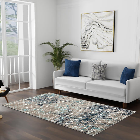 Multicolor Gray Blue 6' 1 x 9' Tribal Trellis Rectangle Area Rug Geometric Southwestern Inspired Durable Carpet for Home Interior Design for Sale at Rug Engine