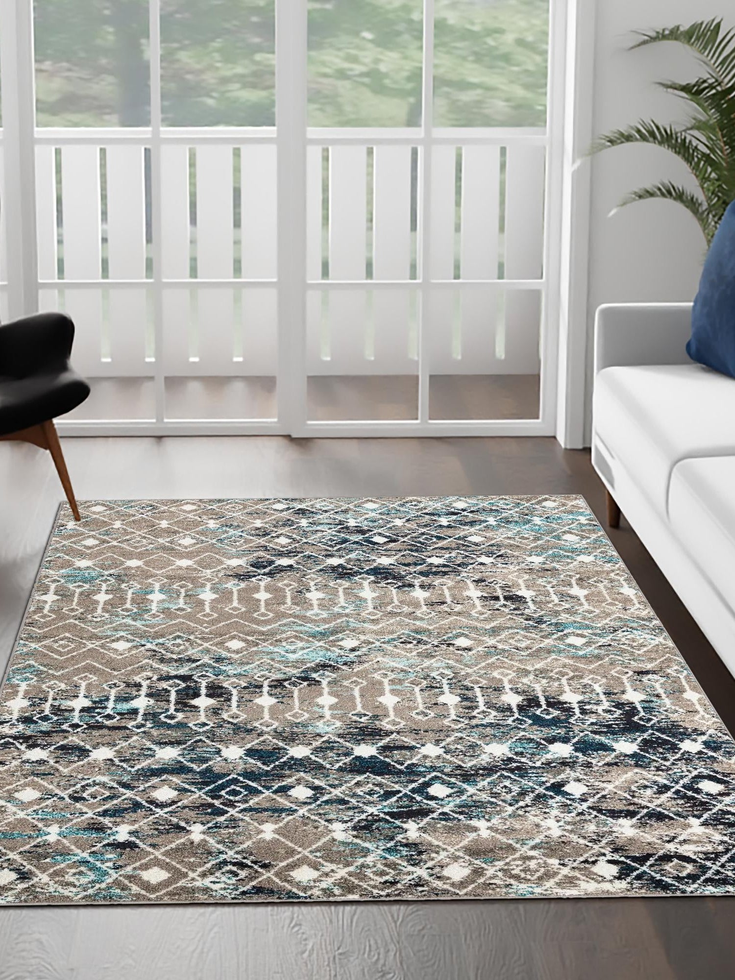 Multicolor Gray Blue 4' 1 x 6' 1 Tribal Trellis Rectangle Area Rug Geometric Southwestern Inspired Durable Carpet for Home Interior Design for Sale at Rug Engine