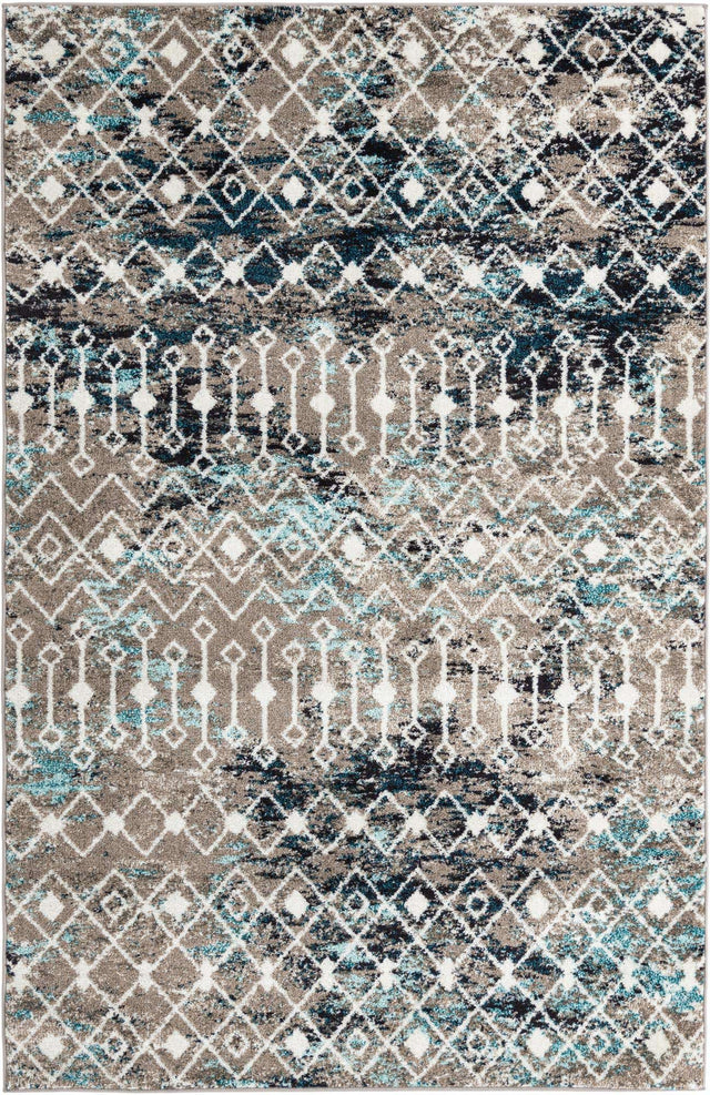 Multicolor Gray Blue 5' 3 x 8' Tribal Trellis Rectangle Area Rug Geometric Southwestern Inspired Durable Carpet for Home Interior Design for Sale at Rug Engine