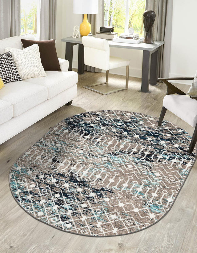 Multicolor Gray Blue 4' 1 x 6' 1 Tribal Trellis Oval Area Rug Geometric Southwestern Inspired Durable Carpet for Home Interior Design for Sale at Rug Engine