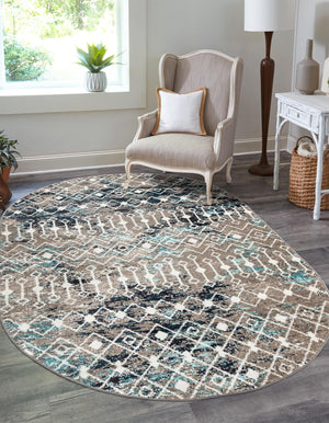 Multicolor Gray Blue 7' 10 x 10' Tribal Trellis Oval Area Rug Geometric Southwestern Inspired Durable Carpet for Home Interior Design for Sale at Rug Engine
