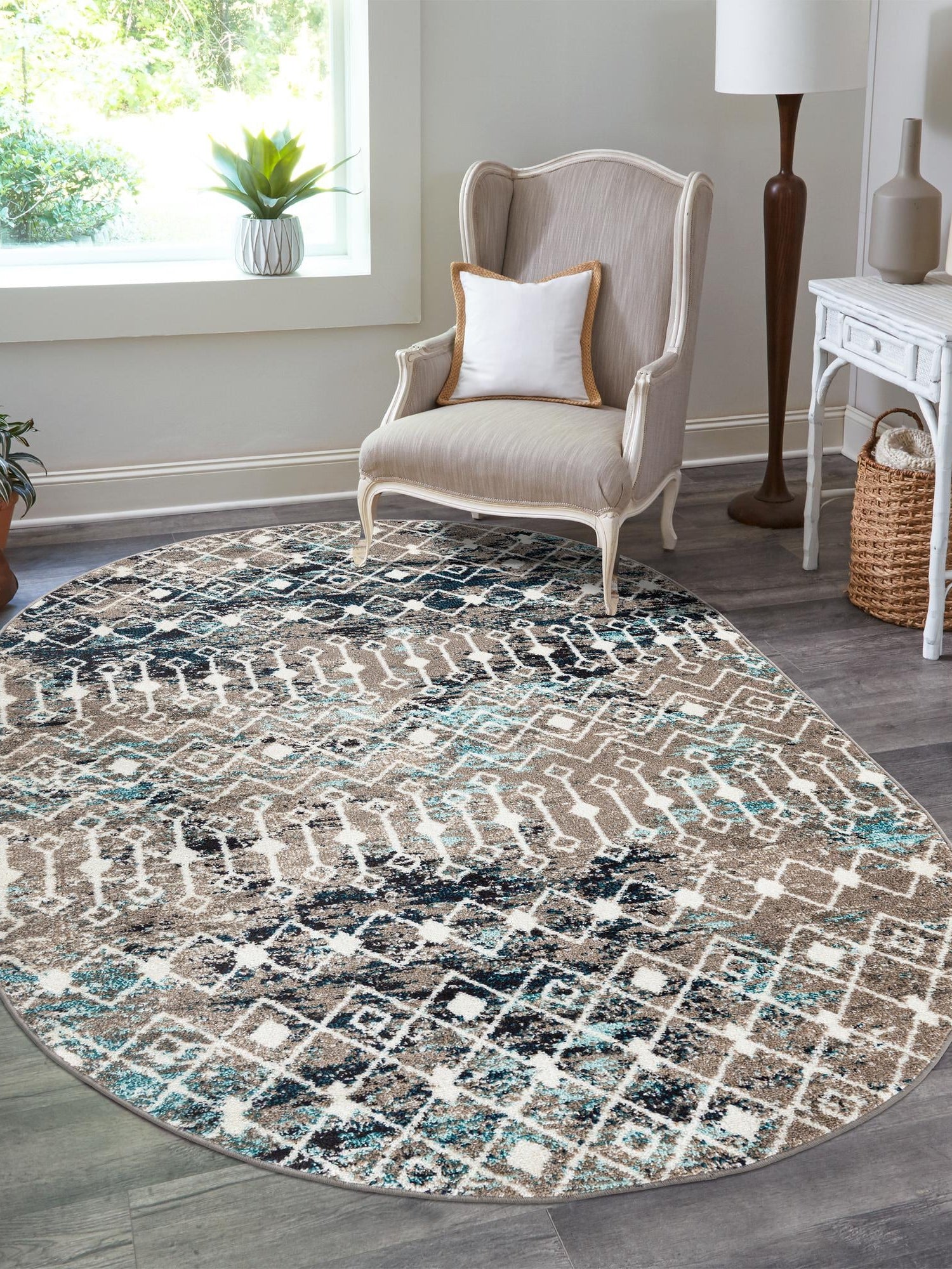 Multicolor Gray Blue 5' 3 x 8' Tribal Trellis Oval Area Rug Geometric Southwestern Inspired Durable Carpet for Home Interior Design for Sale at Rug Engine