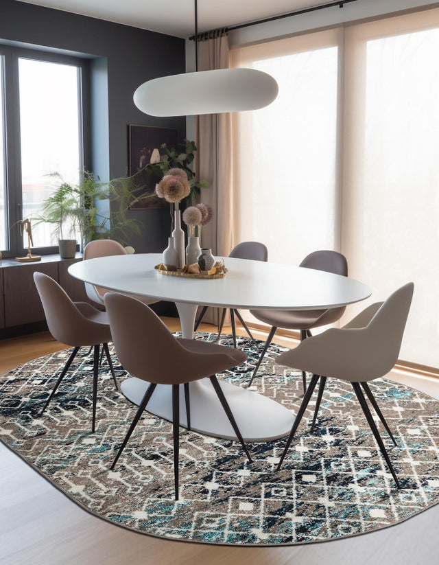 Multicolor Gray Blue 7' 10 x 10' Tribal Trellis Oval Area Rug Geometric Southwestern Inspired Durable Carpet for Home Interior Design for Sale at Rug Engine