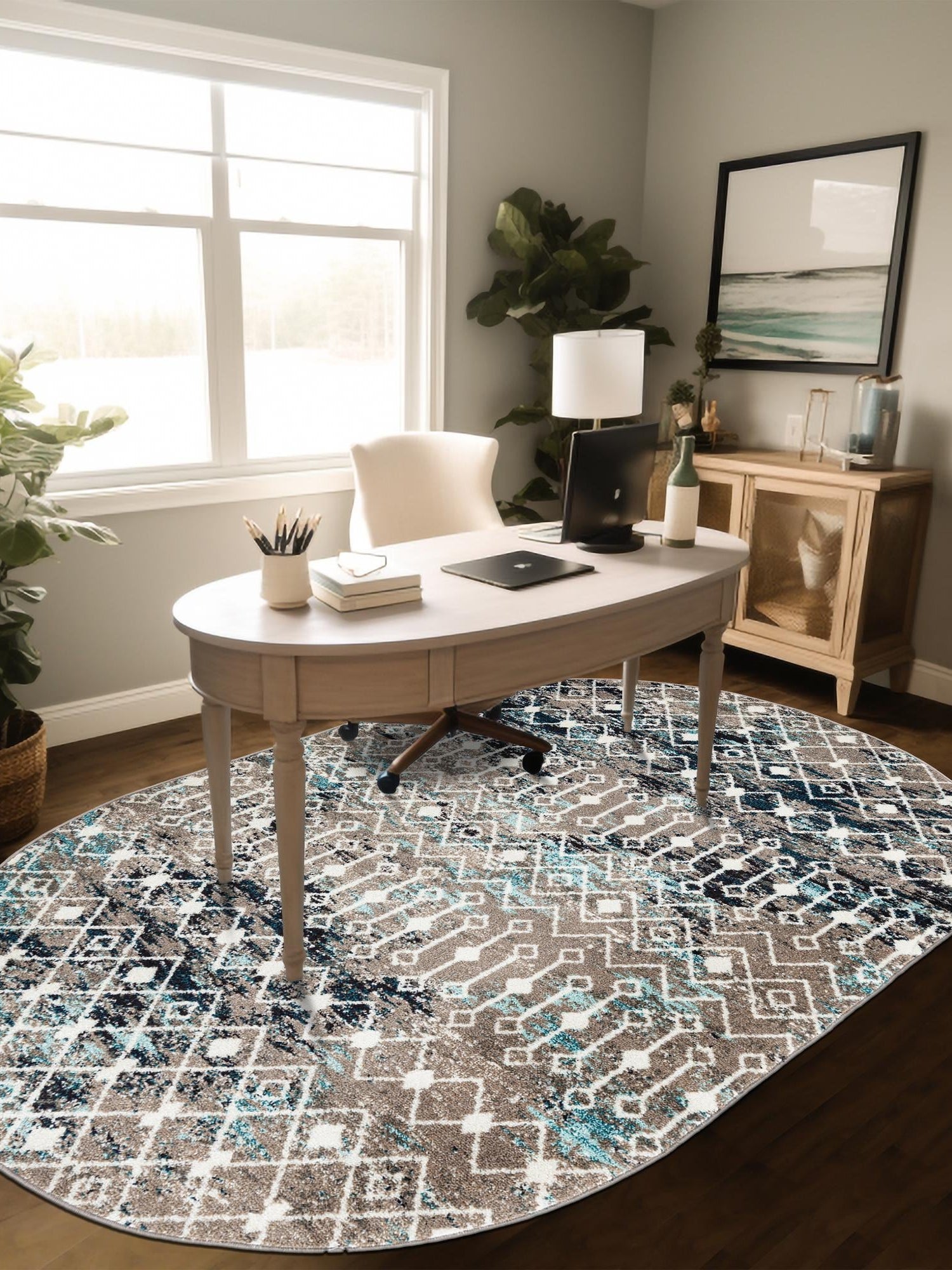 Multicolor Gray Blue 7' 10 x 10' Tribal Trellis Oval Area Rug Geometric Southwestern Inspired Durable Carpet for Home Interior Design for Sale at Rug Engine