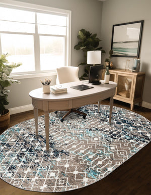 Multicolor Gray Blue 7' 10 x 10' Tribal Trellis Oval Area Rug Geometric Southwestern Inspired Durable Carpet for Home Interior Design for Sale at Rug Engine