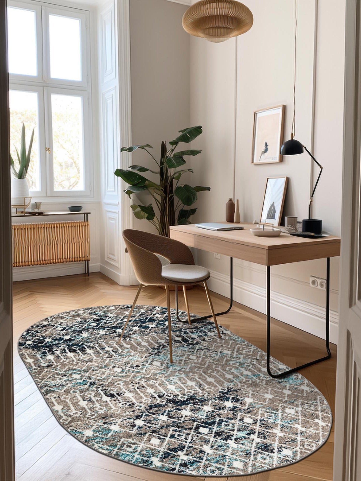 Multicolor Gray Blue 7' 10 x 10' Tribal Trellis Oval Area Rug Geometric Southwestern Inspired Durable Carpet for Home Interior Design for Sale at Rug Engine