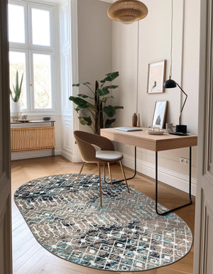Multicolor Gray Blue 7' 10 x 10' Tribal Trellis Oval Area Rug Geometric Southwestern Inspired Durable Carpet for Home Interior Design for Sale at Rug Engine