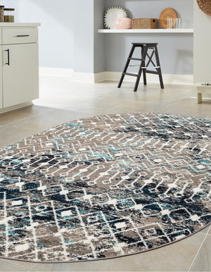 Multicolor Gray Blue 4' 1 x 6' 1 Tribal Trellis Oval Area Rug Geometric Southwestern Inspired Durable Carpet for Home Interior Design for Sale at Rug Engine
