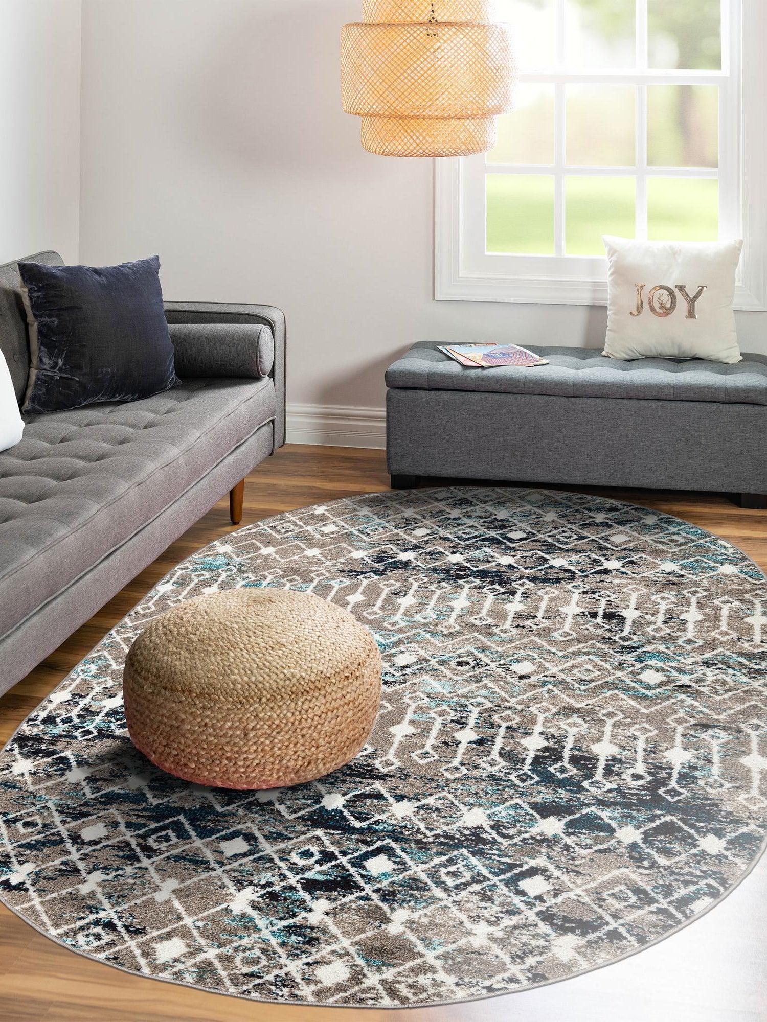 Multicolor Gray Blue 5' 3 x 8' Tribal Trellis Oval Area Rug Geometric Southwestern Inspired Durable Carpet for Home Interior Design for Sale at Rug Engine