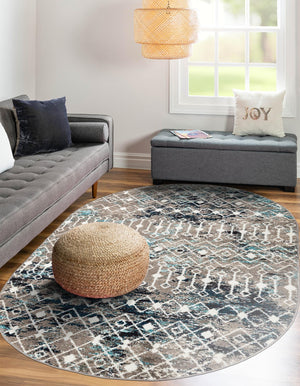 Multicolor Gray Blue 5' 3 x 8' Tribal Trellis Oval Area Rug Geometric Southwestern Inspired Durable Carpet for Home Interior Design for Sale at Rug Engine