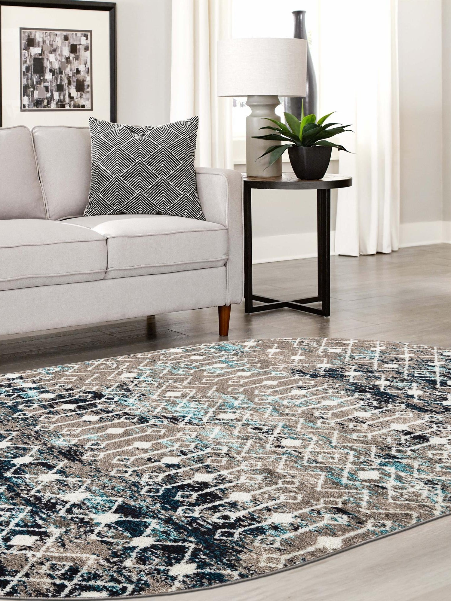 Multicolor Gray Blue 5' 3 x 8' Tribal Trellis Oval Area Rug Geometric Southwestern Inspired Durable Carpet for Home Interior Design for Sale at Rug Engine
