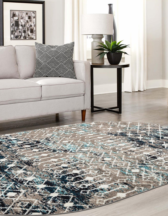 Multicolor Gray Blue 5' 3 x 8' Tribal Trellis Oval Area Rug Geometric Southwestern Inspired Durable Carpet for Home Interior Design for Sale at Rug Engine