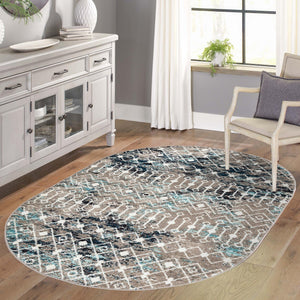 Multicolor Gray Blue 4' 1 x 6' 1 Tribal Trellis Oval Area Rug Geometric Southwestern Inspired Durable Carpet for Home Interior Design for Sale at Rug Engine