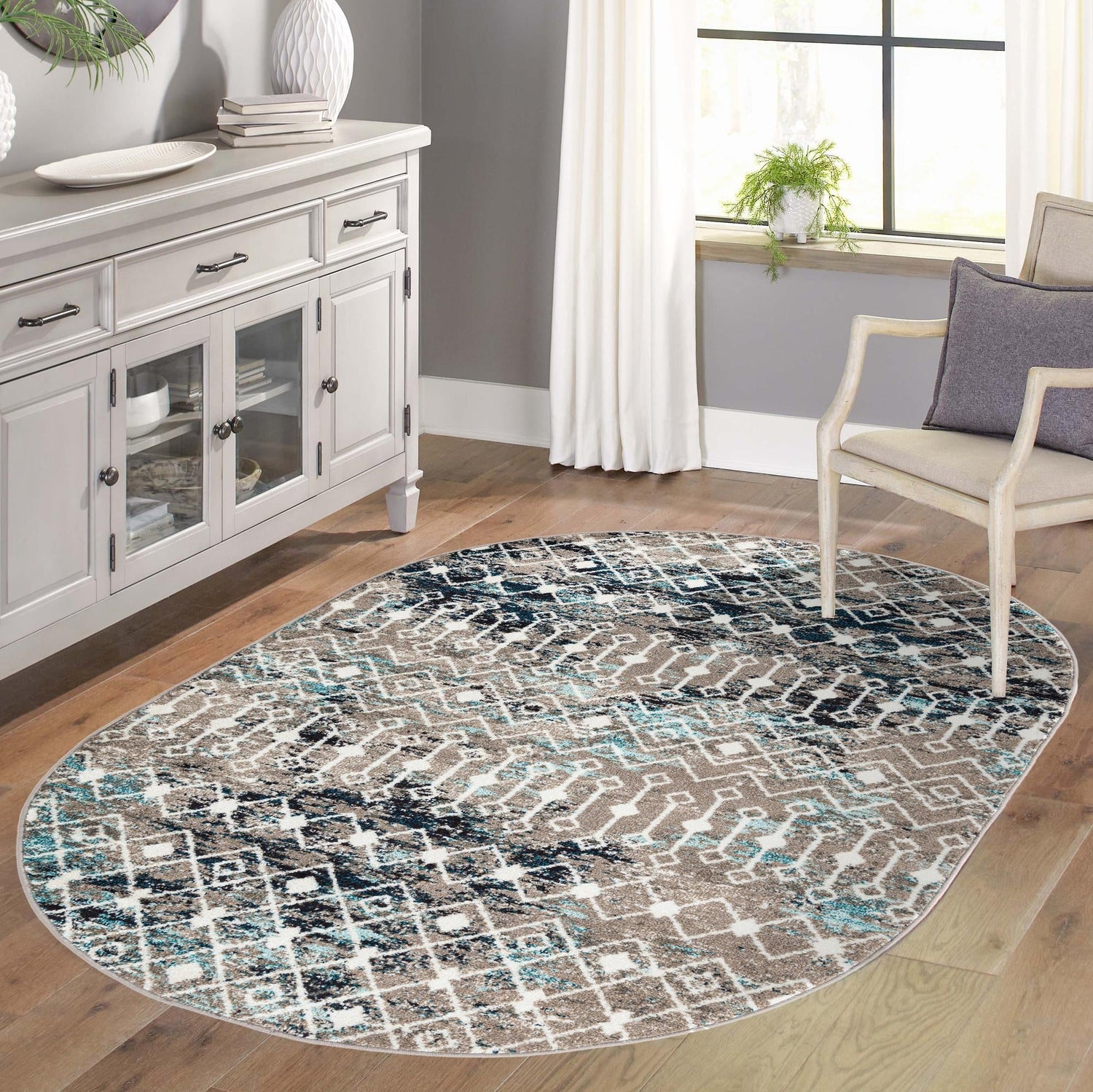 Multicolor Gray Blue 5' 3 x 8' Tribal Trellis Oval Area Rug Geometric Southwestern Inspired Durable Carpet for Home Interior Design for Sale at Rug Engine