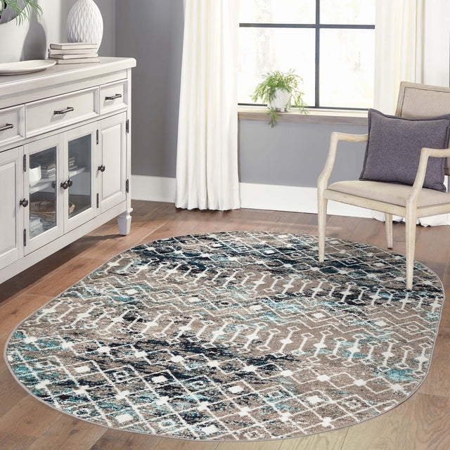 Multicolor Gray Blue 7' 10 x 10' Tribal Trellis Oval Area Rug Geometric Southwestern Inspired Durable Carpet for Home Interior Design for Sale at Rug Engine